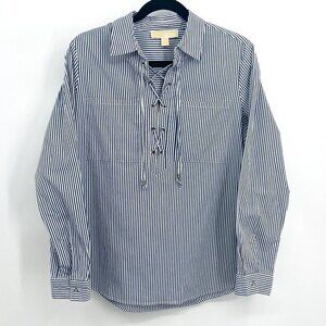 MICHAEL KORS Blue White Pinstripe Lace Up Long Sleeve Blouse Size Medium